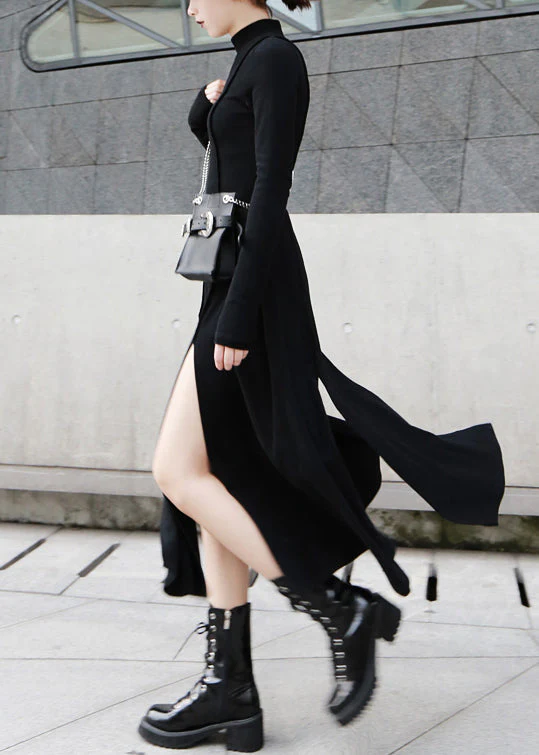 Black High Waist Cotton Long Dresses Side Open Spring - Image 3