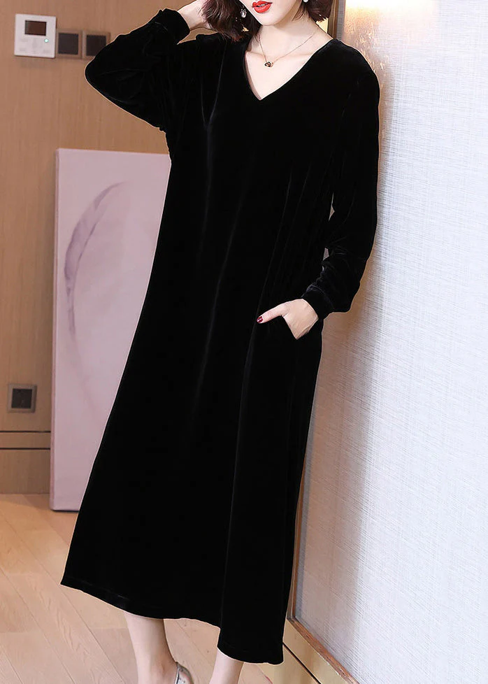 Black High Waist Silk Velour Long Dress V Neck Spring - Image 2