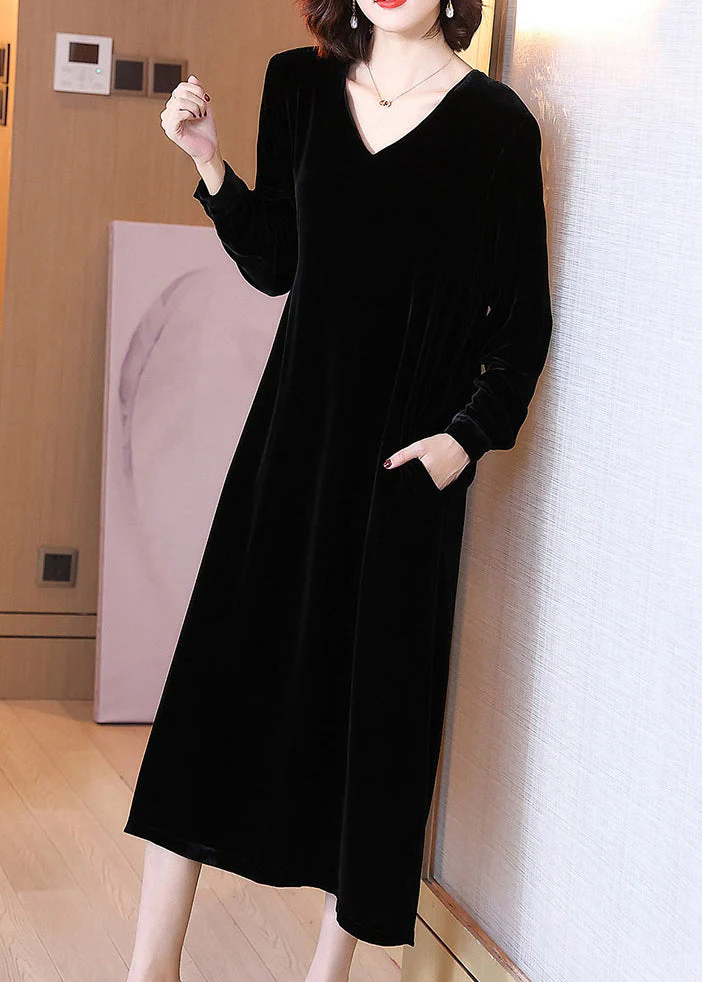 Black High Waist Silk Velour Long Dress V Neck Spring - Image 3