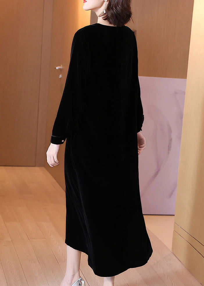 Black High Waist Silk Velour Long Dress V Neck Spring - Image 4