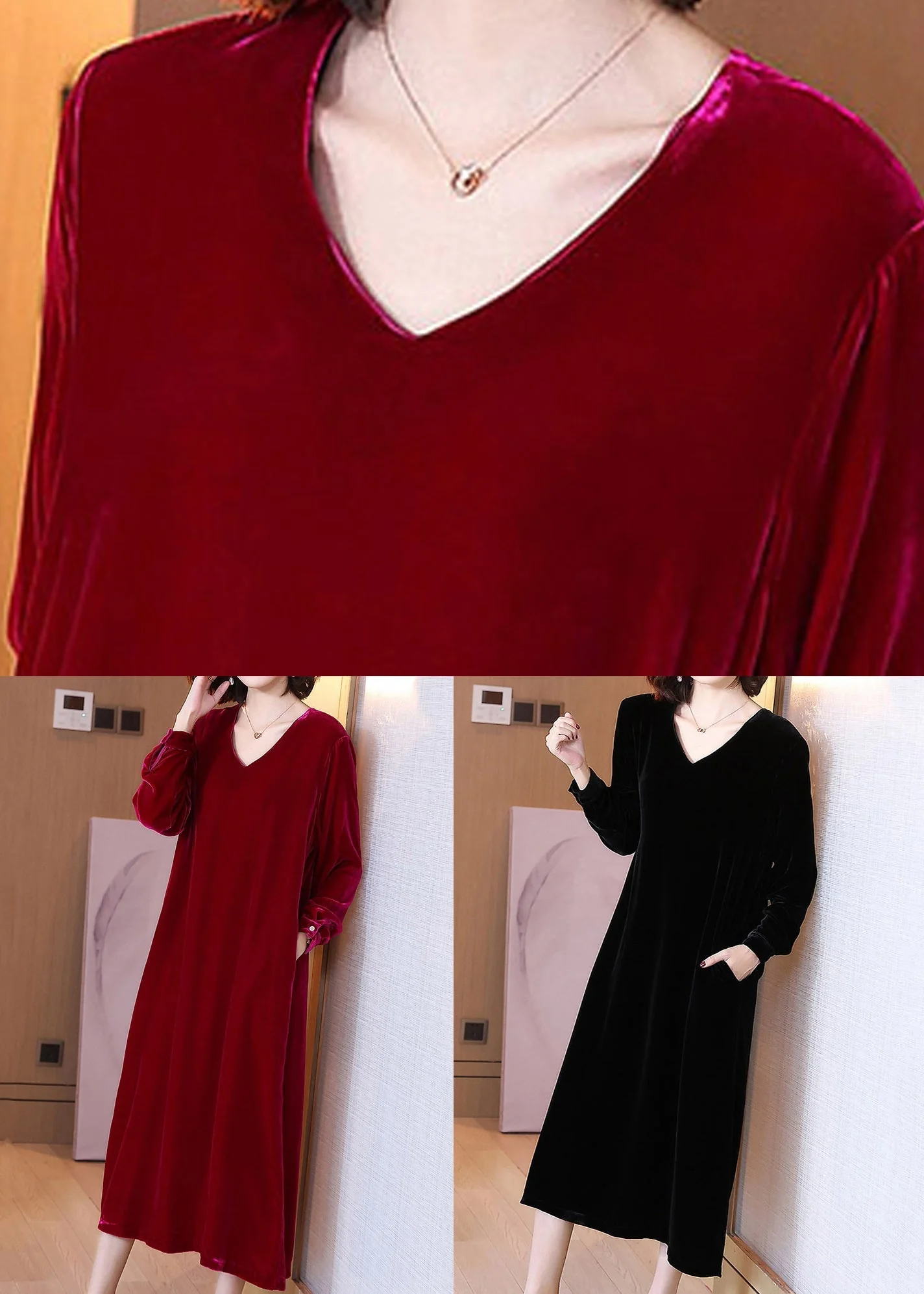 Black High Waist Silk Velour Long Dress V Neck Spring - Image 5