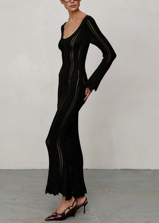 Black High Waist Solid Knit Long Dresses V Neck Spring - Image 3
