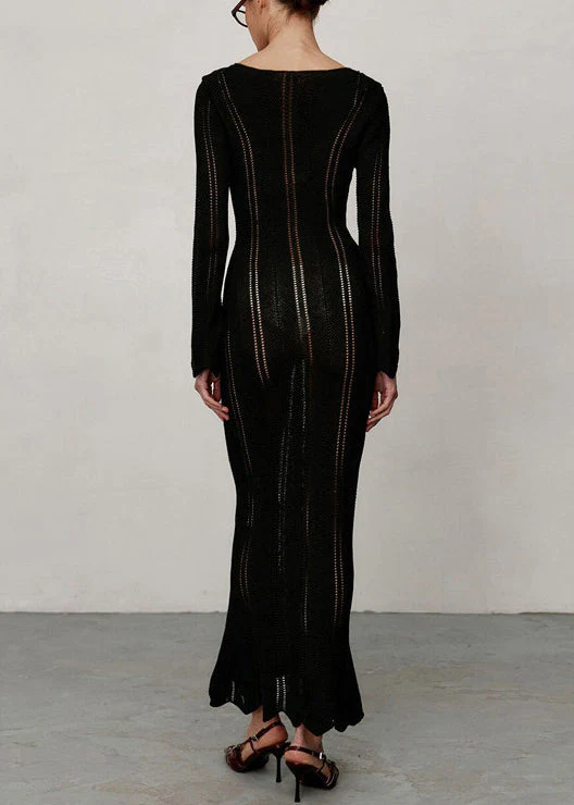 Black High Waist Solid Knit Long Dresses V Neck Spring - Image 4