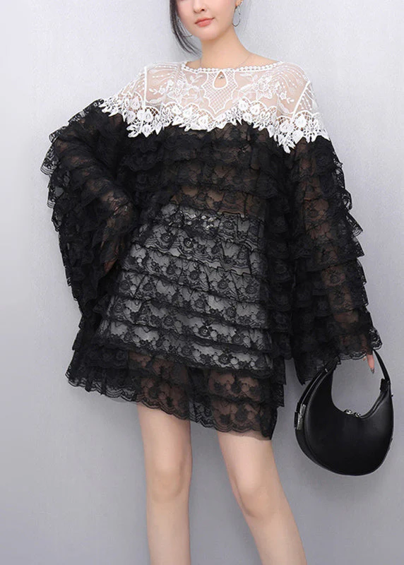 Black Hollow Out Knit Lace T Shirt Flare Sleeve - Image 2