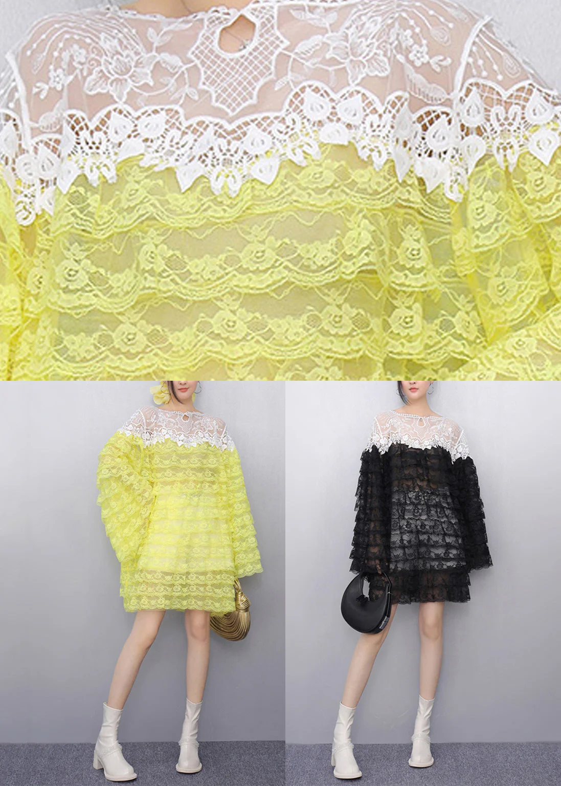 Black Hollow Out Knit Lace T Shirt Flare Sleeve - Image 5