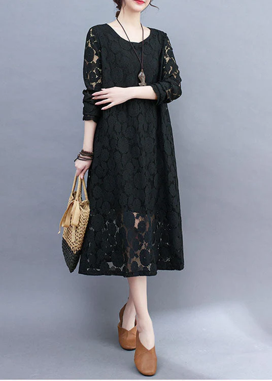 Black Hollow Out Lace A Line Dress O-Neck Summer - Image 2