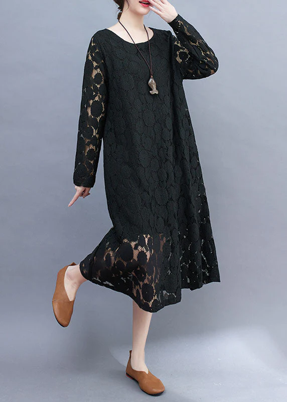 Black Hollow Out Lace A Line Dress O-Neck Summer - Image 3