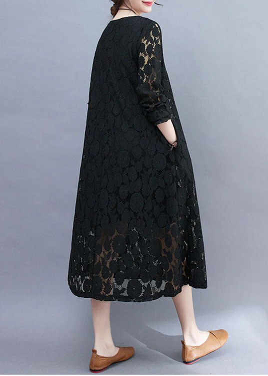 Black Hollow Out Lace A Line Dress O-Neck Summer - Image 4