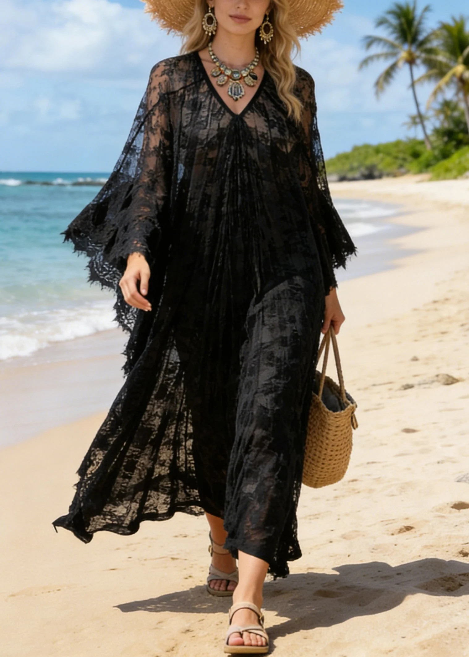 Black Hollow Out Loose Lace Maxi Dresses V Neck Summer - Image 3