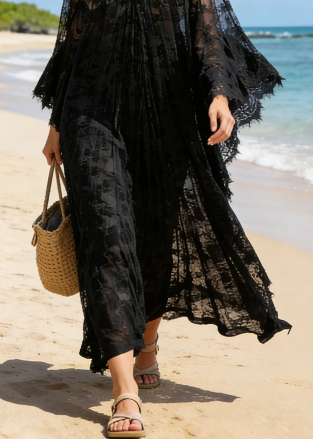 Black Hollow Out Loose Lace Maxi Dresses V Neck Summer - Image 4