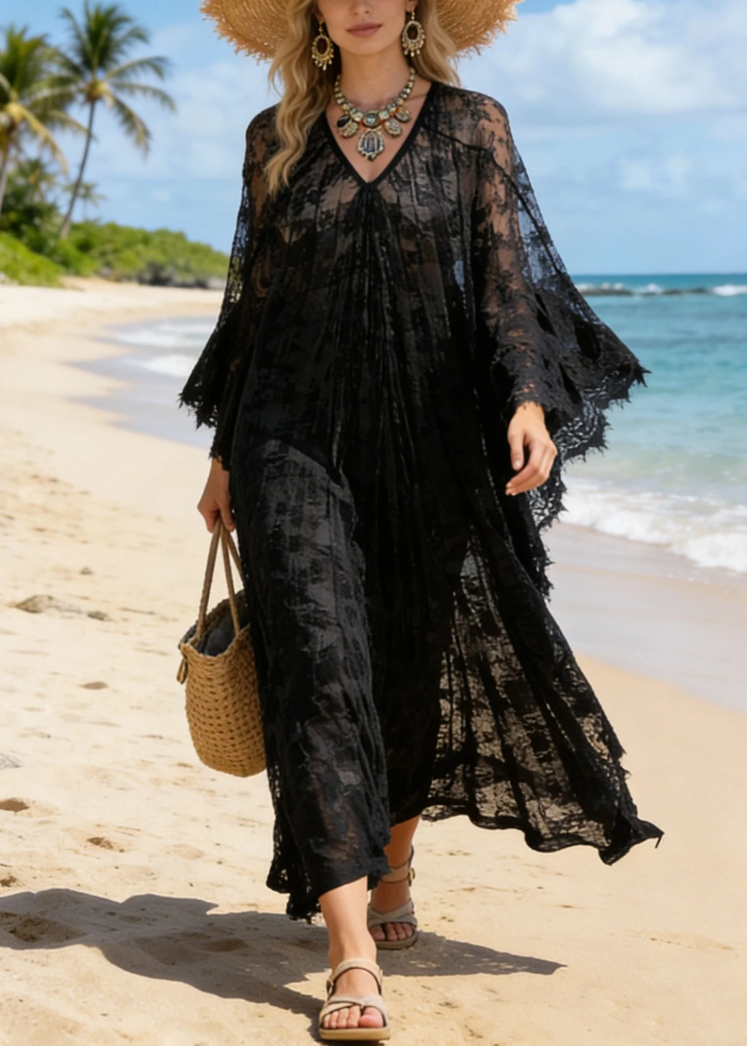 Black Hollow Out Loose Lace Maxi Dresses V Neck Summer - Image 5