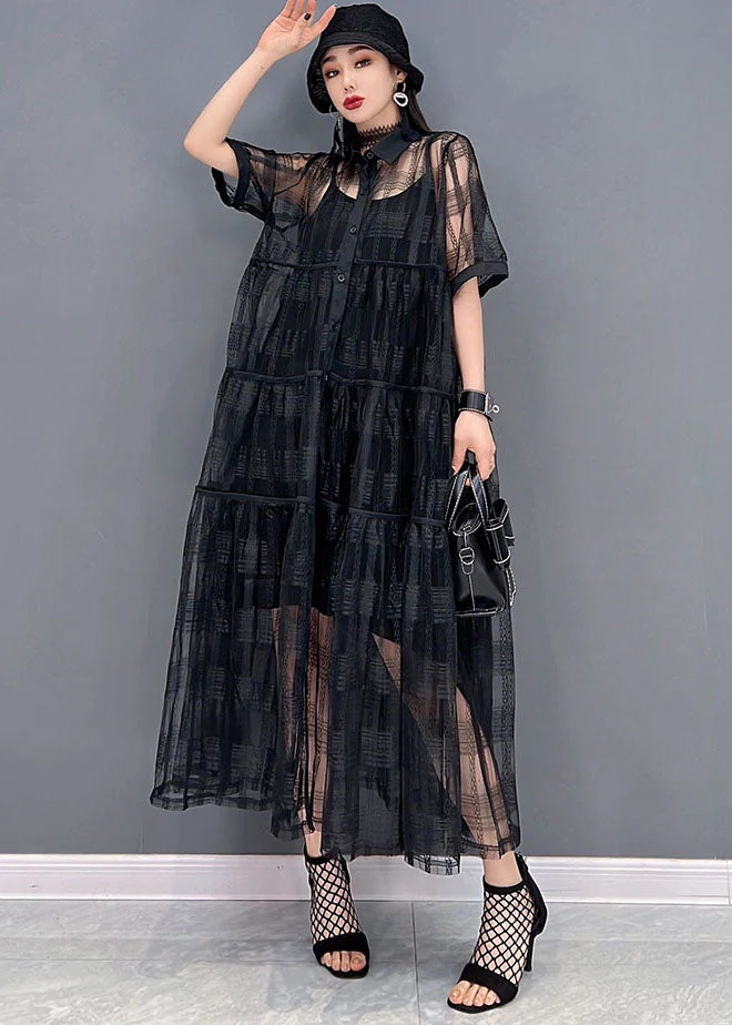 Black Hollow Out Tulle Shirt Dress Two Piece Set Outfits Button Summer - Image 2