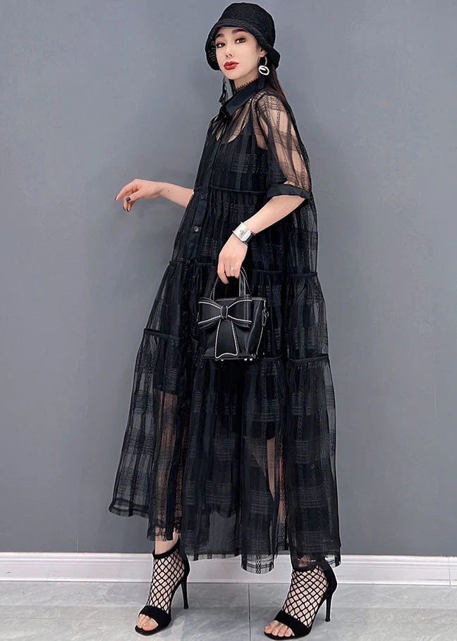 Black Hollow Out Tulle Shirt Dress Two Piece Set Outfits Button Summer - Image 3