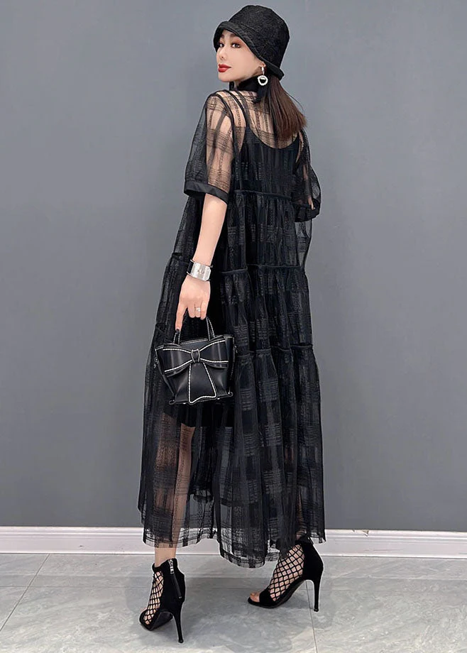 Black Hollow Out Tulle Shirt Dress Two Piece Set Outfits Button Summer - Image 4