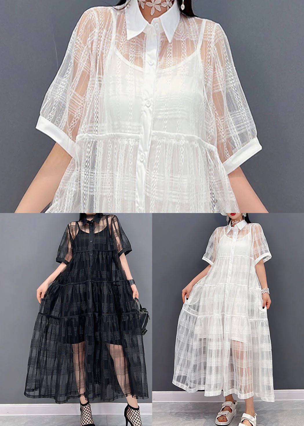 Black Hollow Out Tulle Shirt Dress Two Piece Set Outfits Button Summer - Image 5