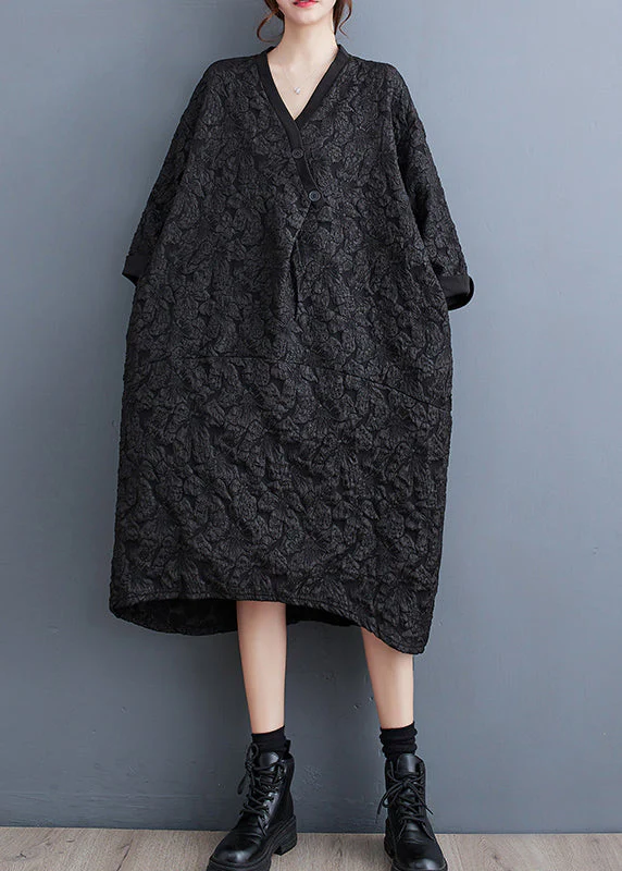 Black Jacquard Patchwork Plus Size Cotton Dress V Neck Fall - Image 2