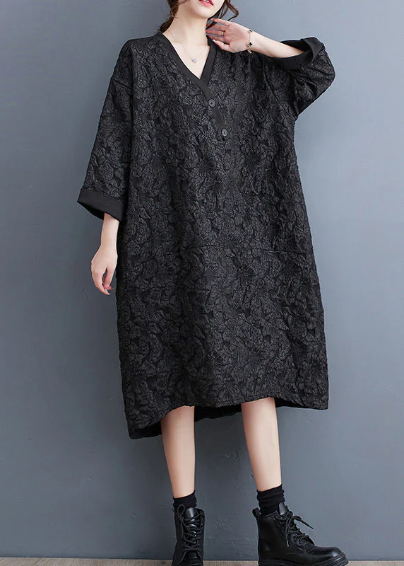 Black Jacquard Patchwork Plus Size Cotton Dress V Neck Fall - Image 3