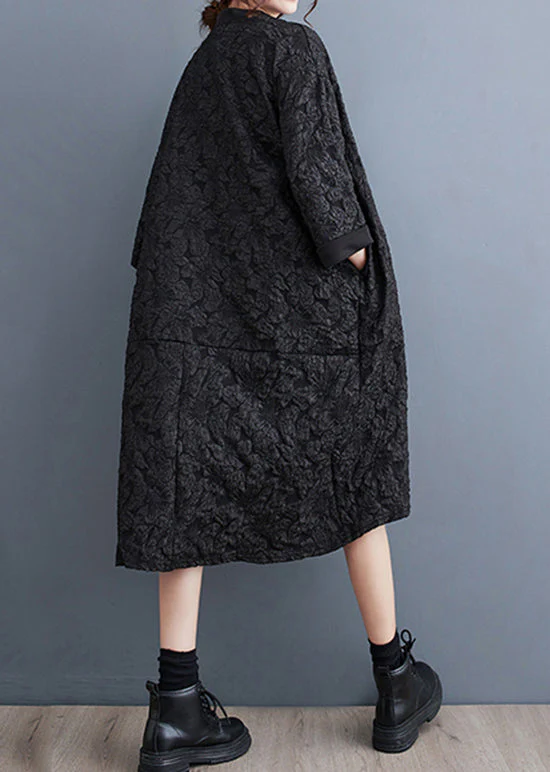 Black Jacquard Patchwork Plus Size Cotton Dress V Neck Fall - Image 4