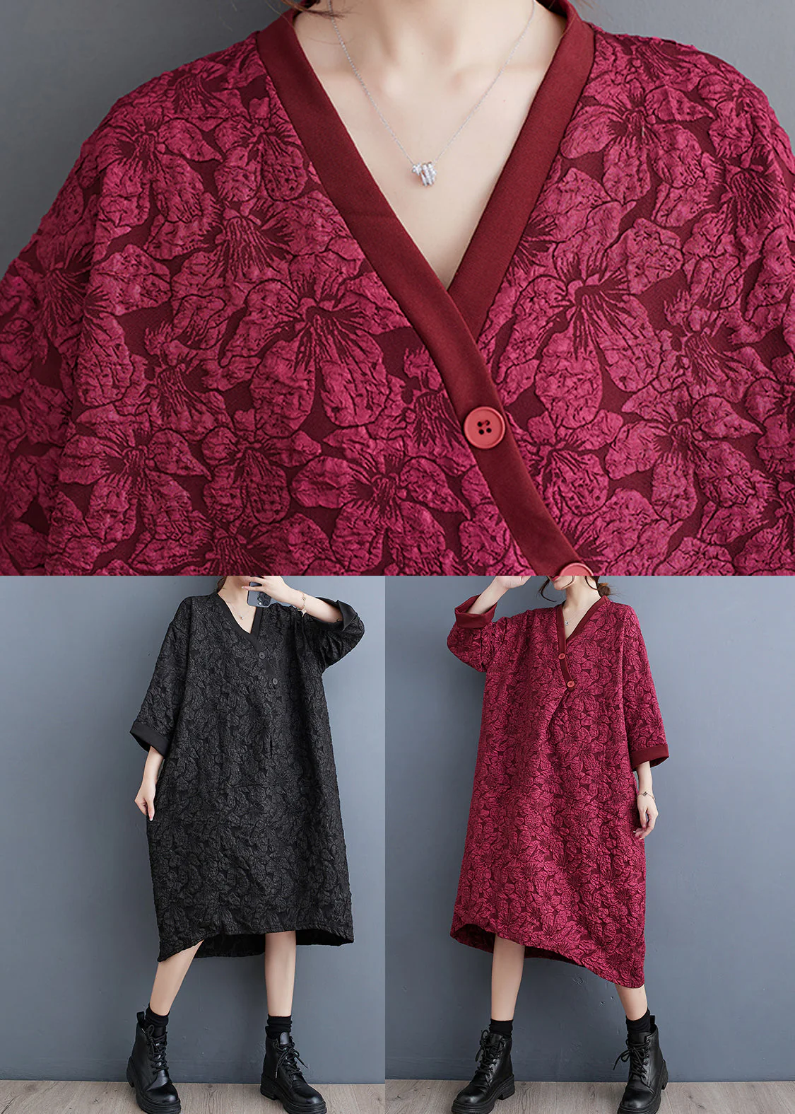 Black Jacquard Patchwork Plus Size Cotton Dress V Neck Fall - Image 5