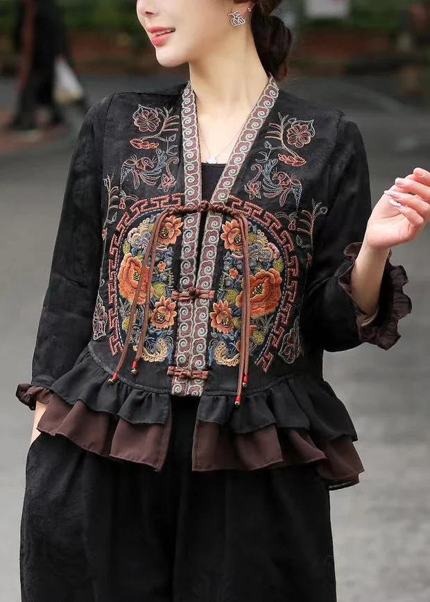 Black Jacquard Silk Shirts Embroidered Ruffles Bracelet Sleeve