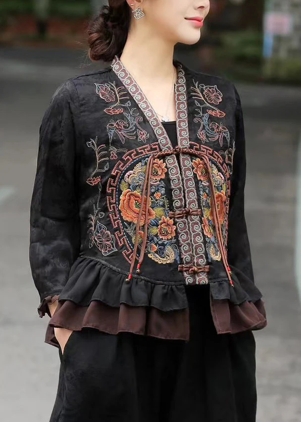 Black Jacquard Silk Shirts Embroidered Ruffles Bracelet Sleeve - Image 3