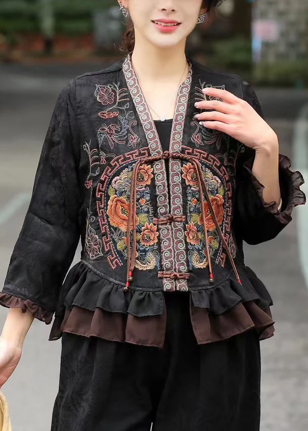 Black Jacquard Silk Shirts Embroidered Ruffles Bracelet Sleeve - Image 4
