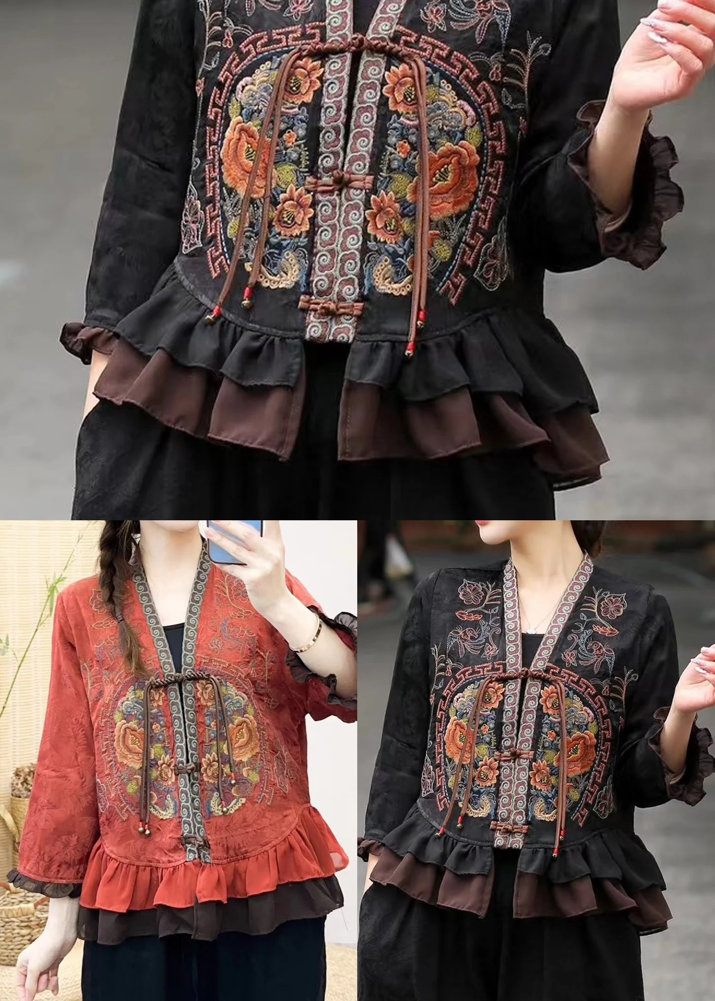 Black Jacquard Silk Shirts Embroidered Ruffles Bracelet Sleeve - Image 5