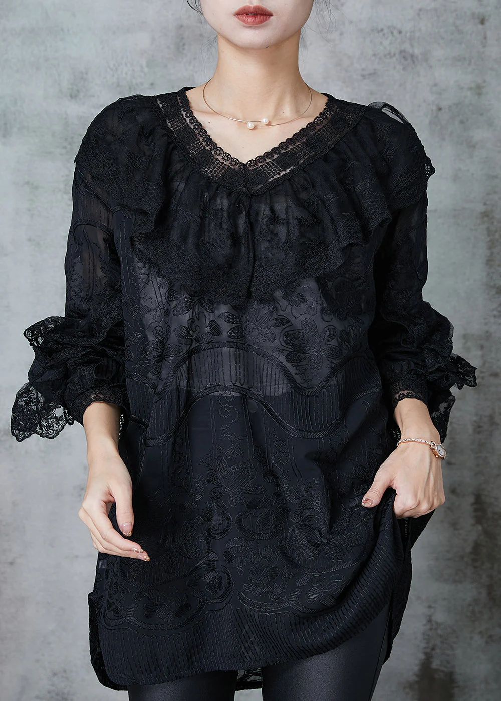 Black Lace Dress Embroidered Ruffles Spring - Image 2