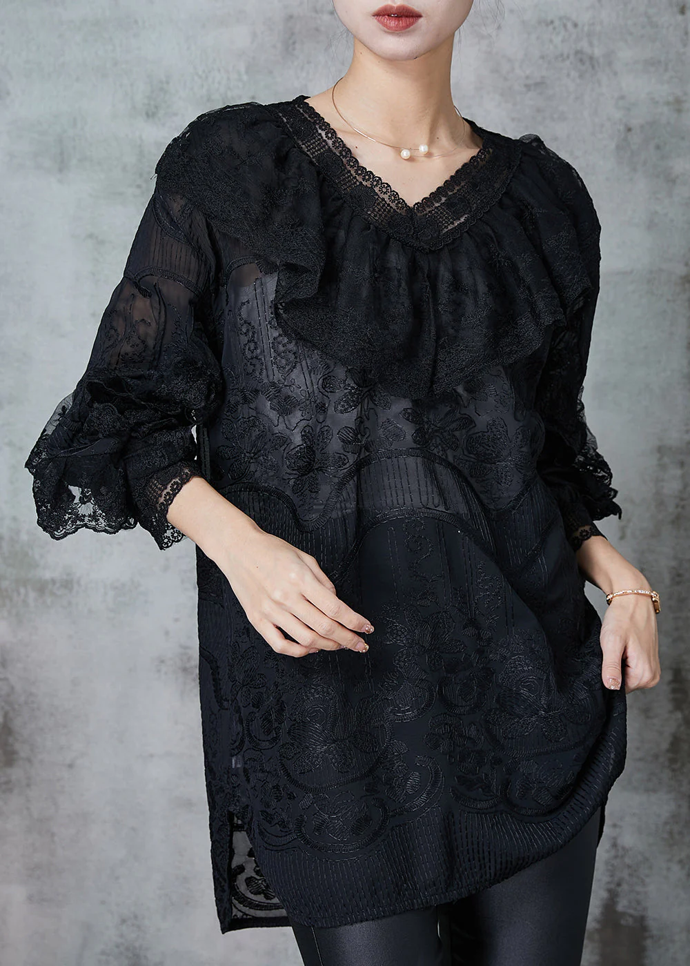 Black Lace Dress Embroidered Ruffles Spring - Image 3