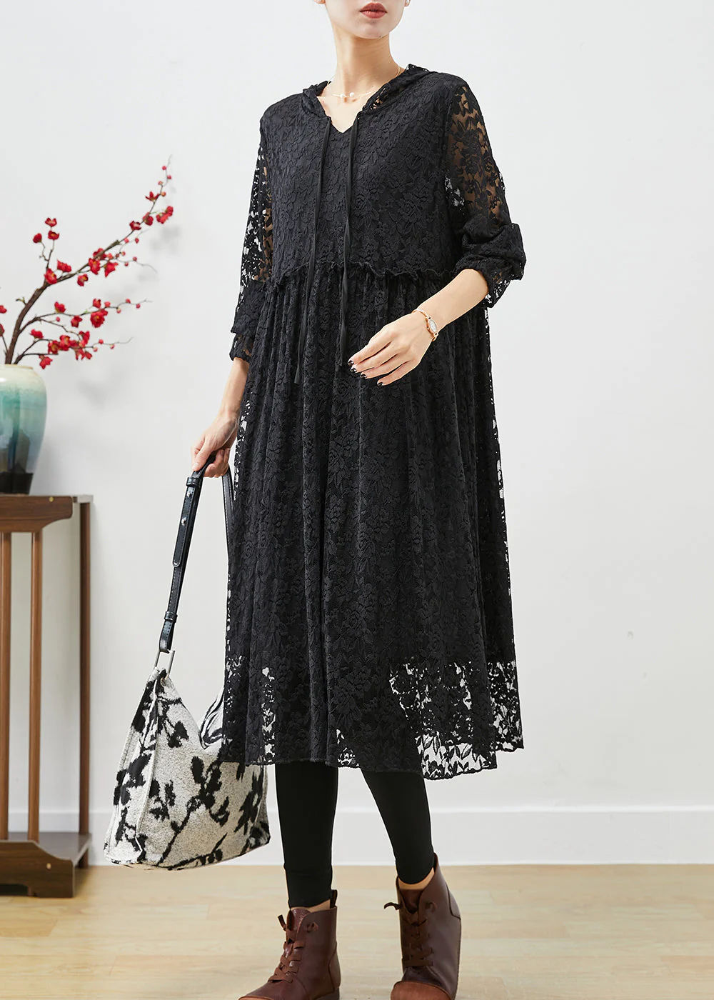 Black Lace Robe Dresses Hooded Exra Large Hem Fall - Image 3