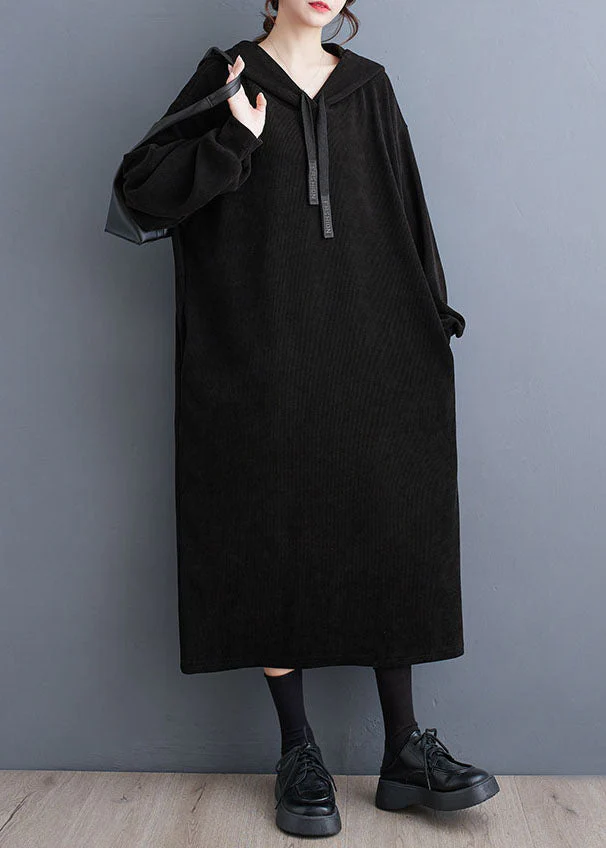 Black Lace Tie Patchwork Hooded Long Dress Long Sleeve - Image 2