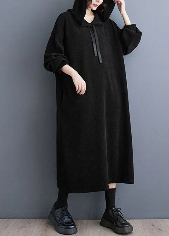 Black Lace Tie Patchwork Hooded Long Dress Long Sleeve - Image 3