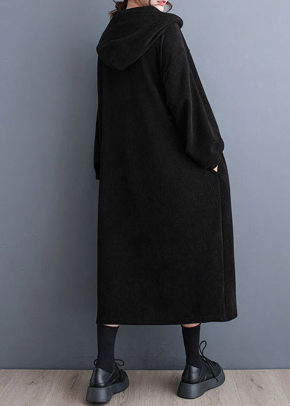 Black Lace Tie Patchwork Hooded Long Dress Long Sleeve - Image 4
