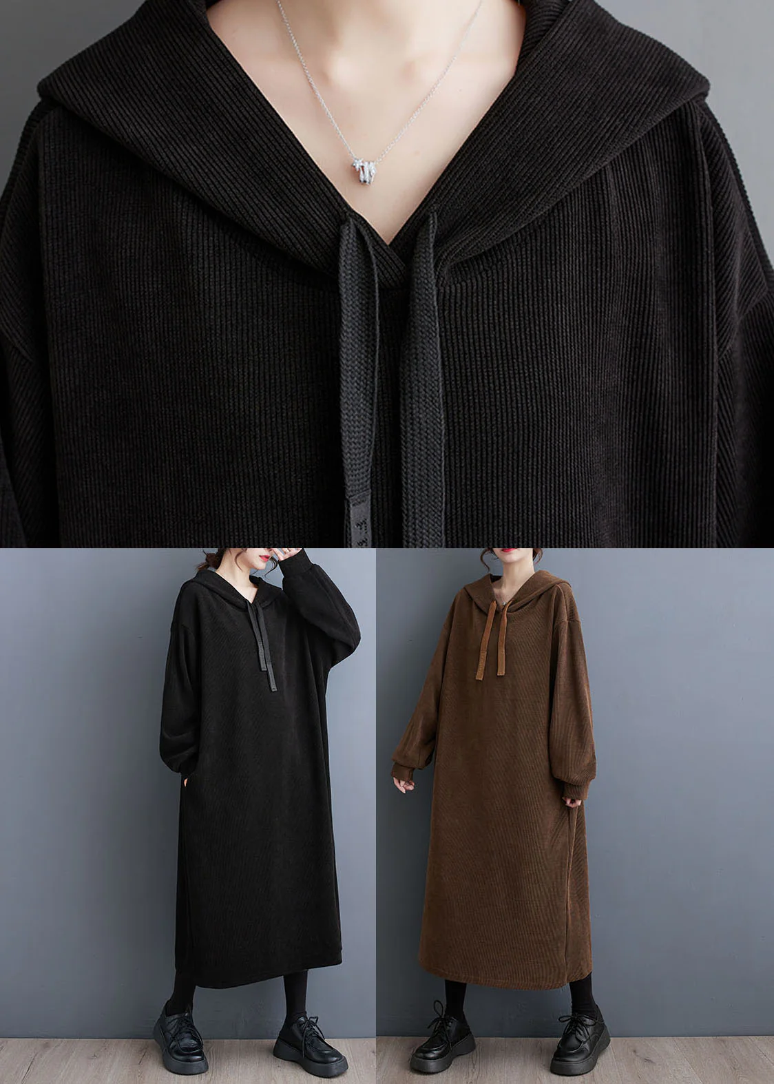 Black Lace Tie Patchwork Hooded Long Dress Long Sleeve - Image 5