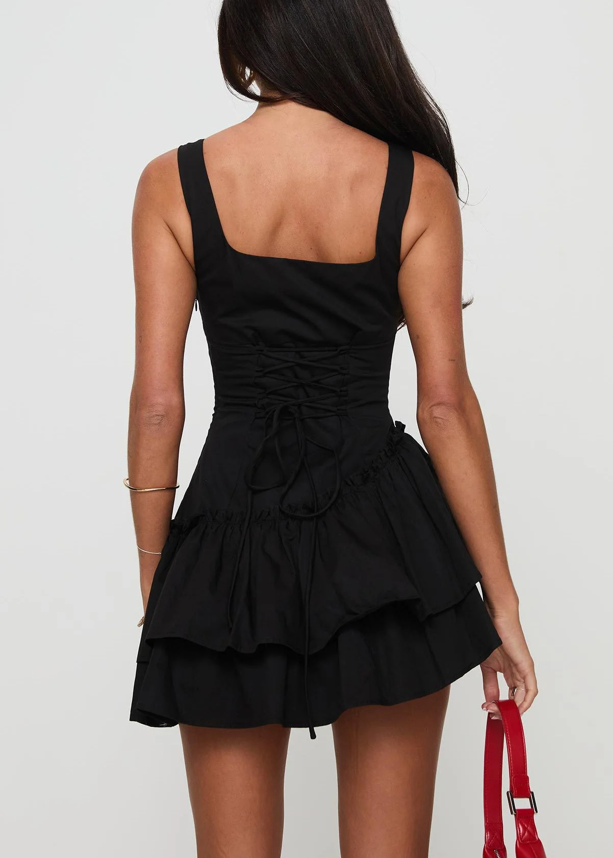 Black Lace Up Cotton Spaghetti Strap Dress Ruffled Sleeveless - Image 4