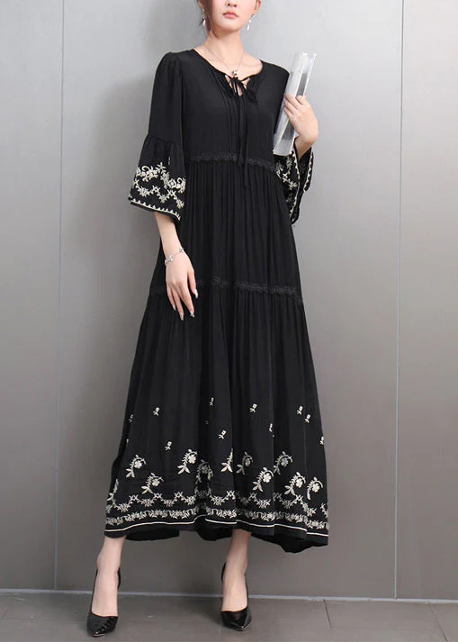 Black Lace Up Ruffled Cotton Long Dresses Embroidered Flare Sleeve - Image 2