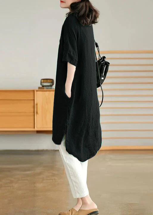 Black Linen Shirt Dress Summer Mid Dress - Image 2