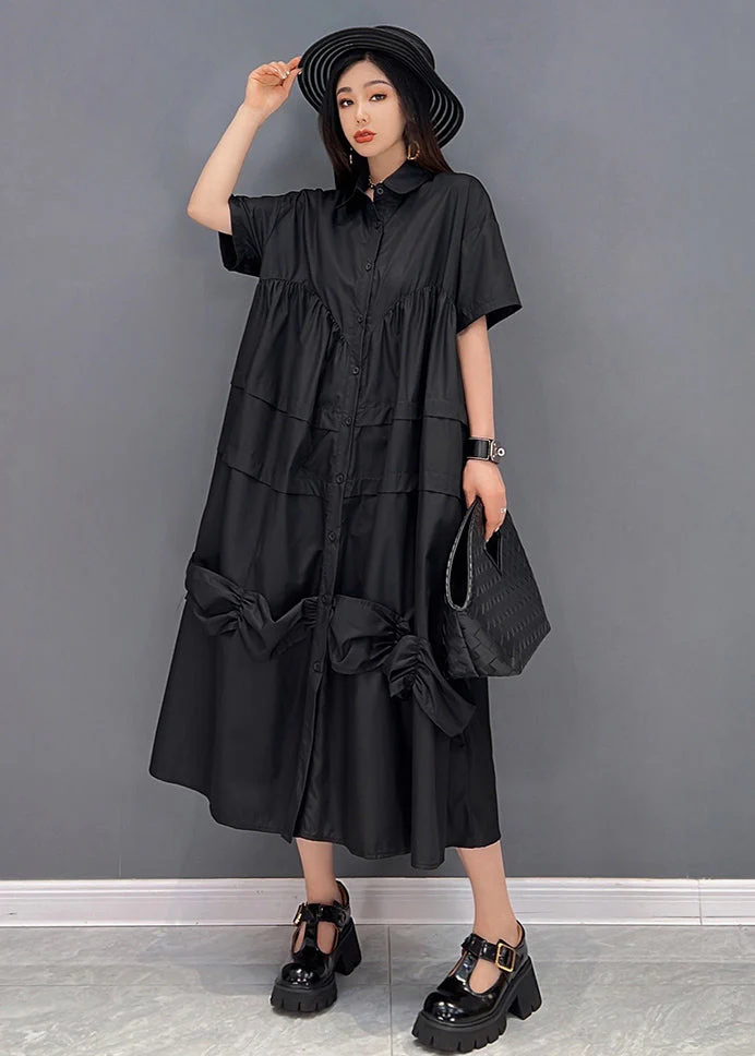 Black Loose Shirt Dresses Asymmetrical Design Wrinkled Short Sleeve - Image 2