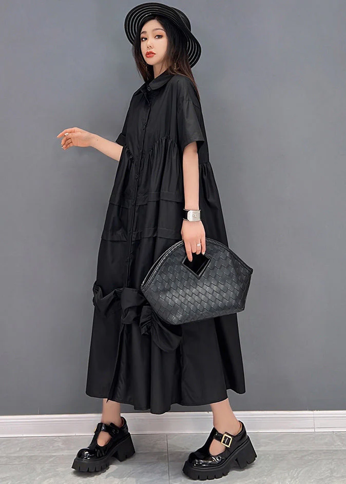 Black Loose Shirt Dresses Asymmetrical Design Wrinkled Short Sleeve - Image 3