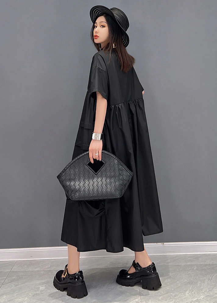 Black Loose Shirt Dresses Asymmetrical Design Wrinkled Short Sleeve - Image 4