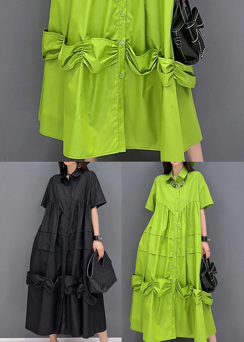 Black Loose Shirt Dresses Asymmetrical Design Wrinkled Short Sleeve - Image 5