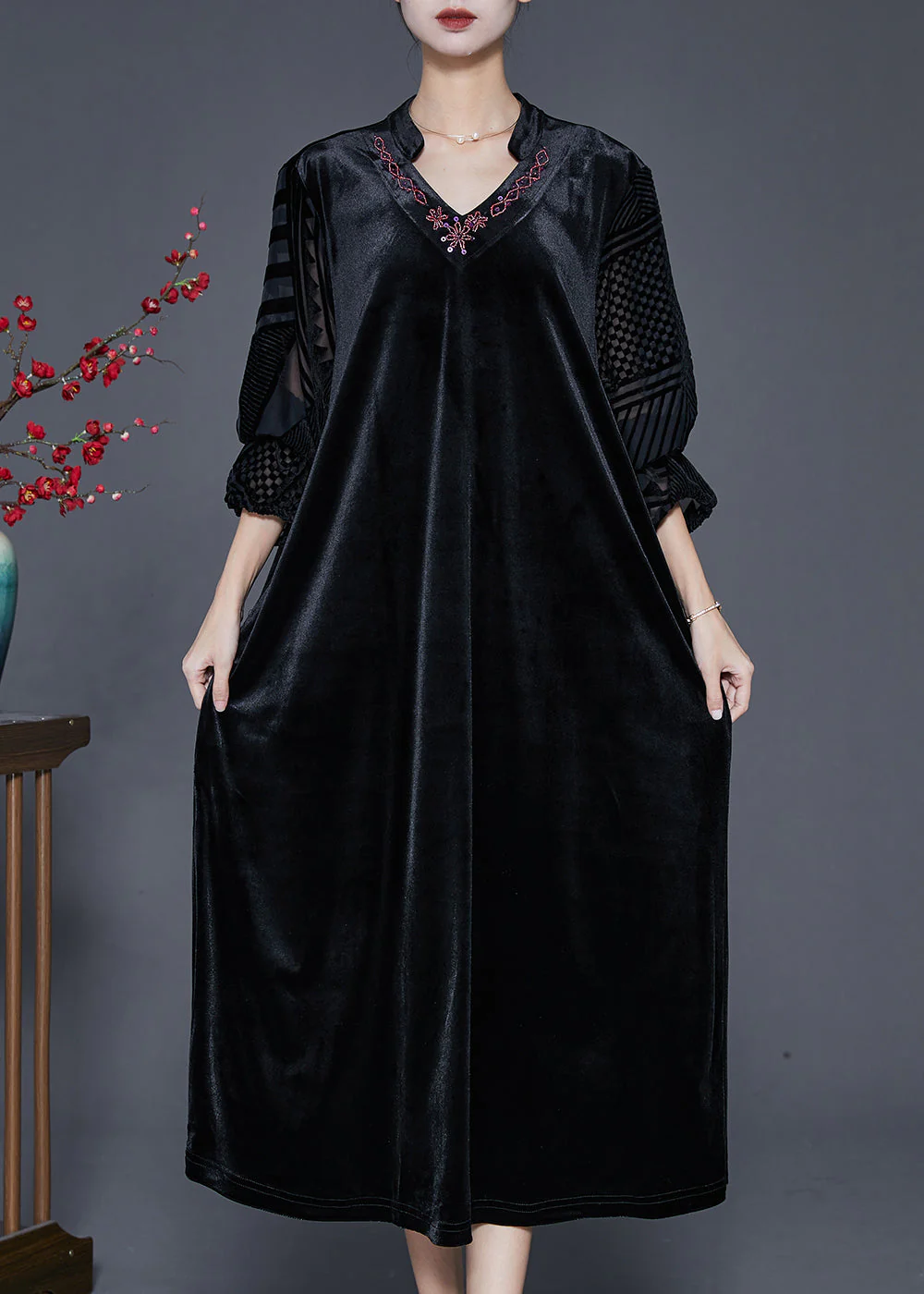 Black Loose Silk Velour Dress V Neck Embroidered Fall - Image 2
