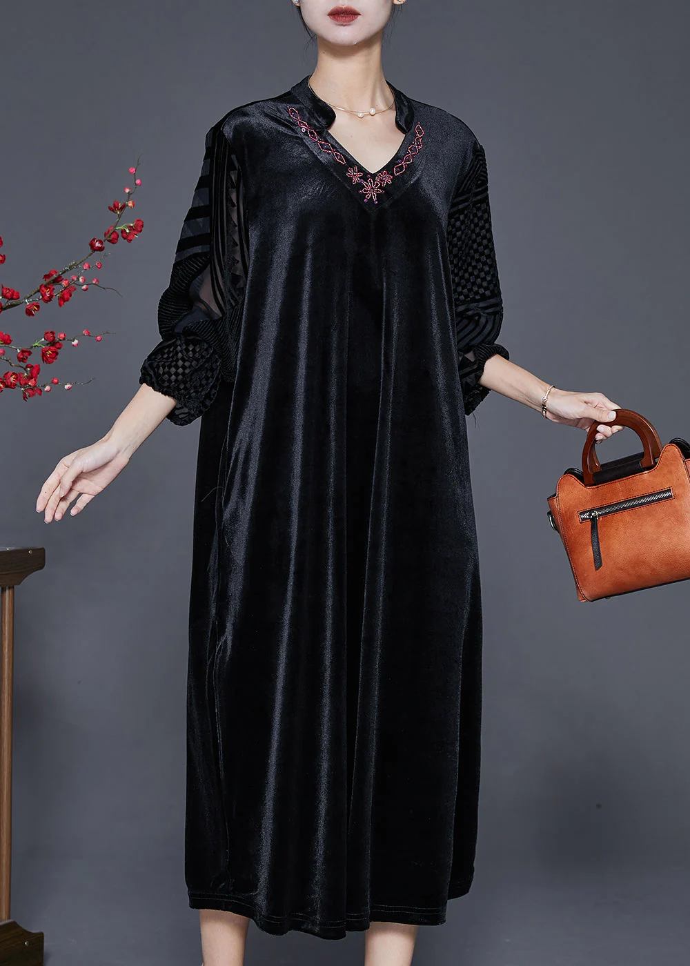 Black Loose Silk Velour Dress V Neck Embroidered Fall - Image 3