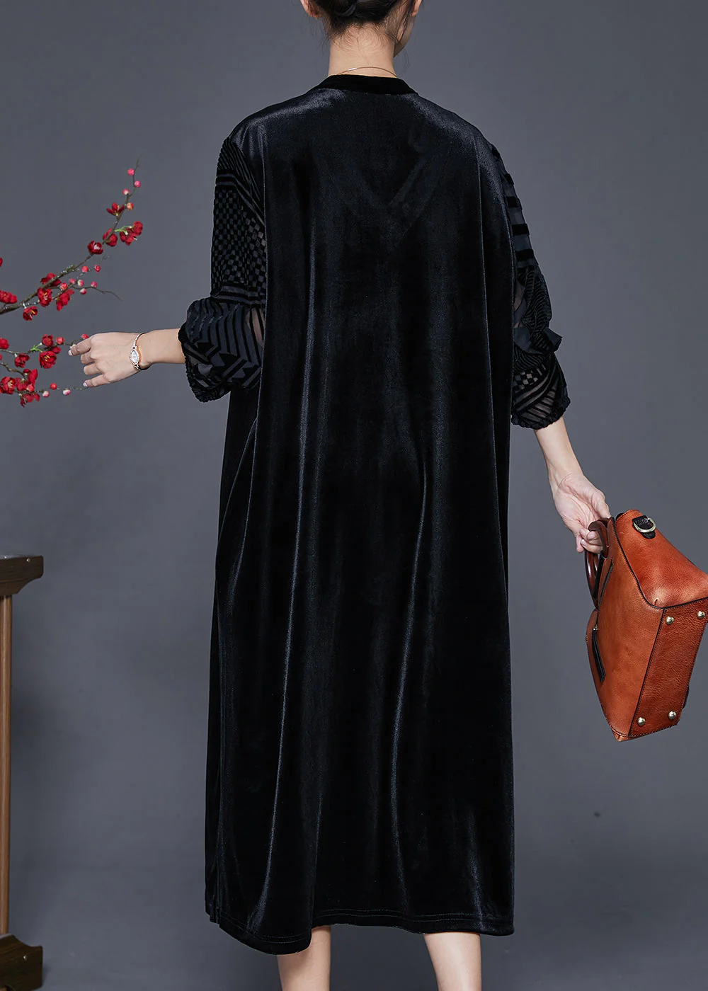 Black Loose Silk Velour Dress V Neck Embroidered Fall - Image 4