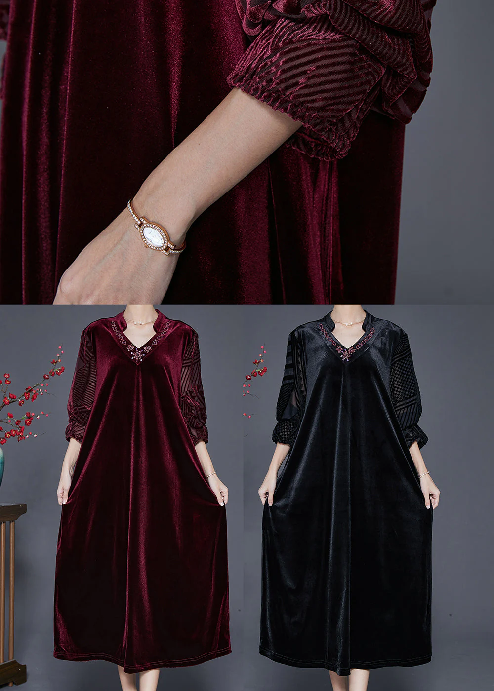 Black Loose Silk Velour Dress V Neck Embroidered Fall - Image 5