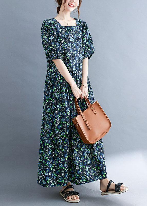 Black Loose Square Collar Print Pockets Summer Robe Dresses Puff Sleeve