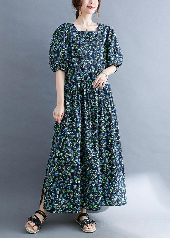 Black Loose Square Collar Print Pockets Summer Robe Dresses Puff Sleeve - Image 2