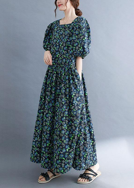 Black Loose Square Collar Print Pockets Summer Robe Dresses Puff Sleeve - Image 3