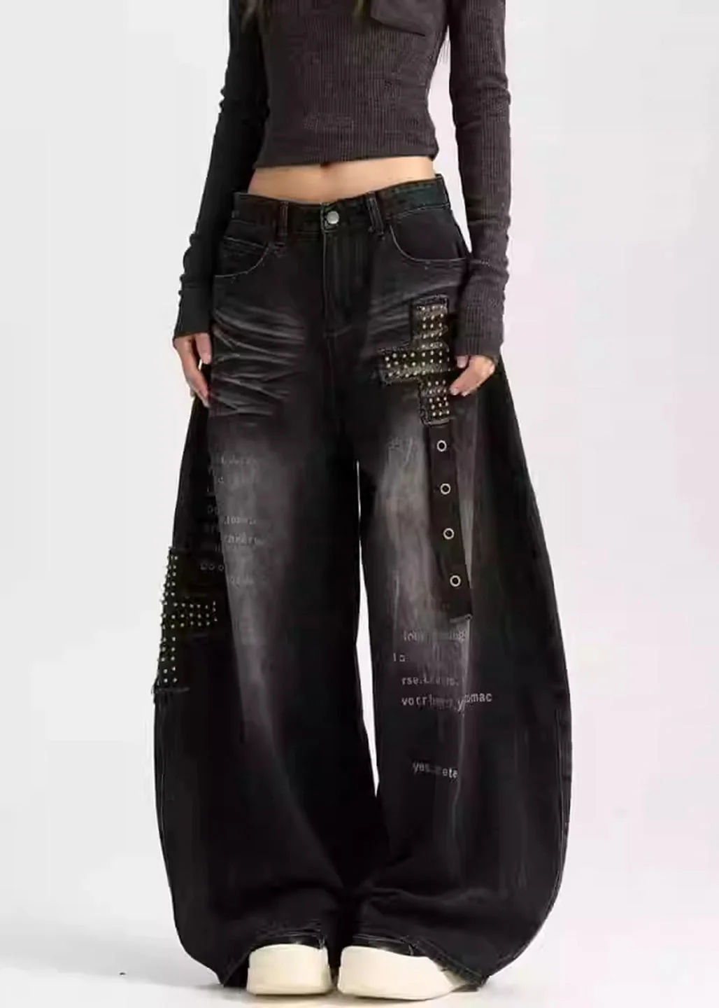 Black Loose Warm Fleece Denim Wide Leg Pants Letter Rivet Winter - Image 2