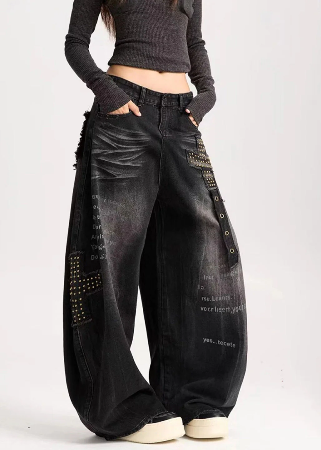 Black Loose Warm Fleece Denim Wide Leg Pants Letter Rivet Winter - Image 3